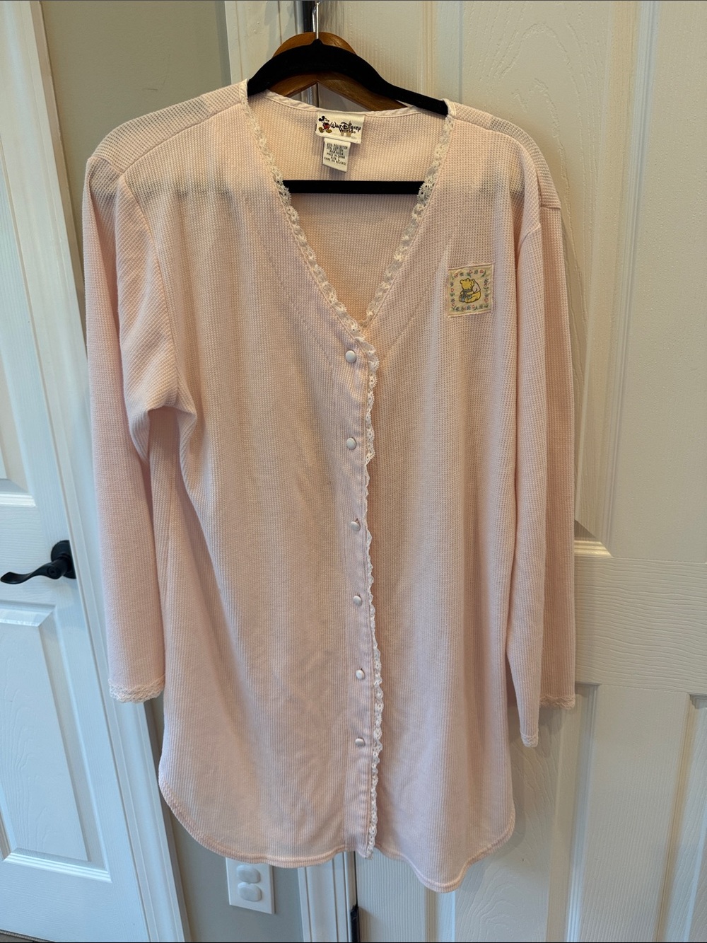 Vintage Disney Pooh Bear Women's Light Pink Long-Sleeve Button-Front Sleep Dress